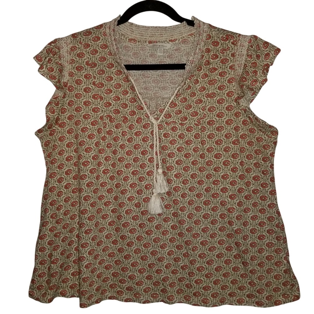 Lucky Brand Womens Blouse Large Tasseled Cap Sleeve Printed Smocked Top